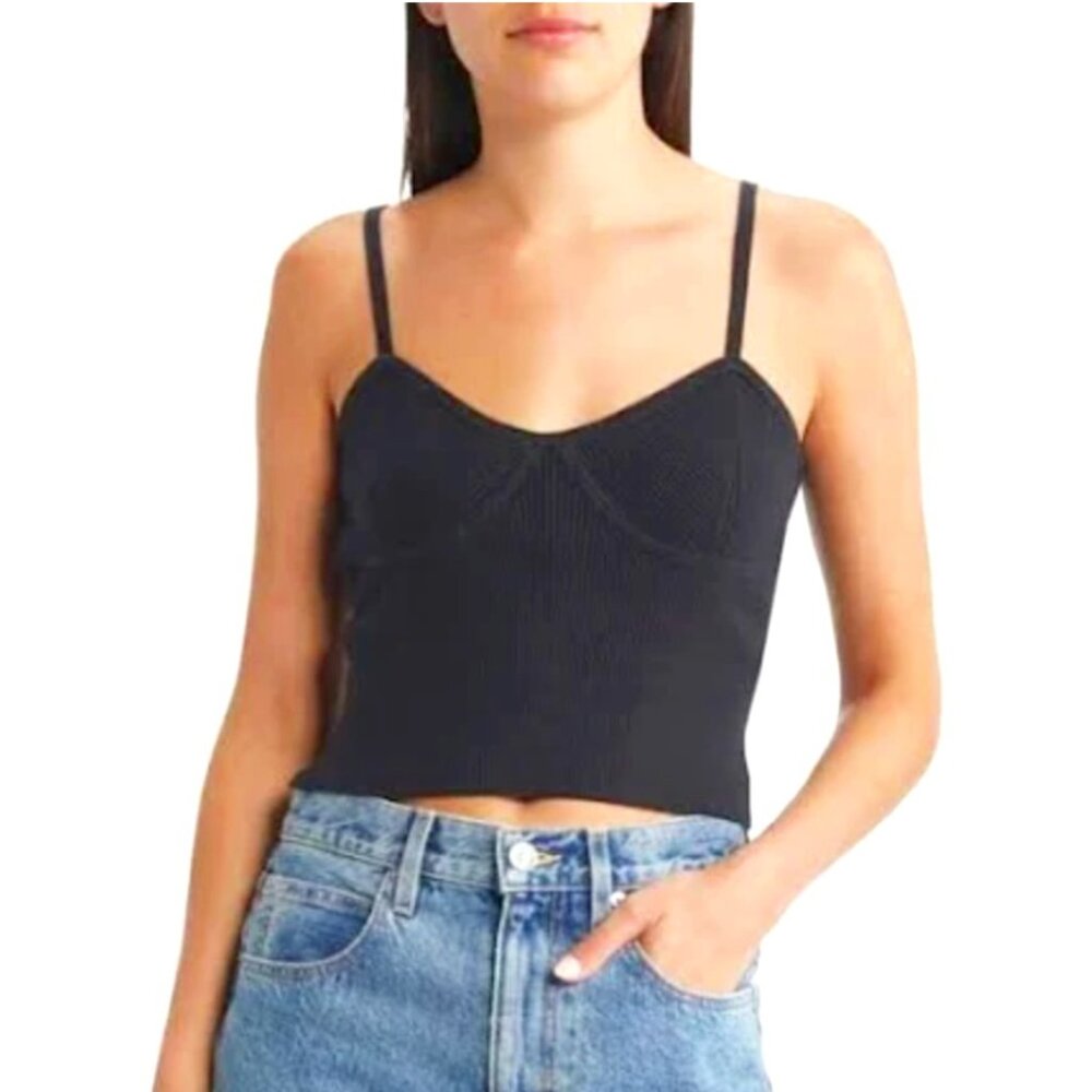 MADEWELL Corset Detail Crop RIb Knit Cami Tank, Black XXS NWT